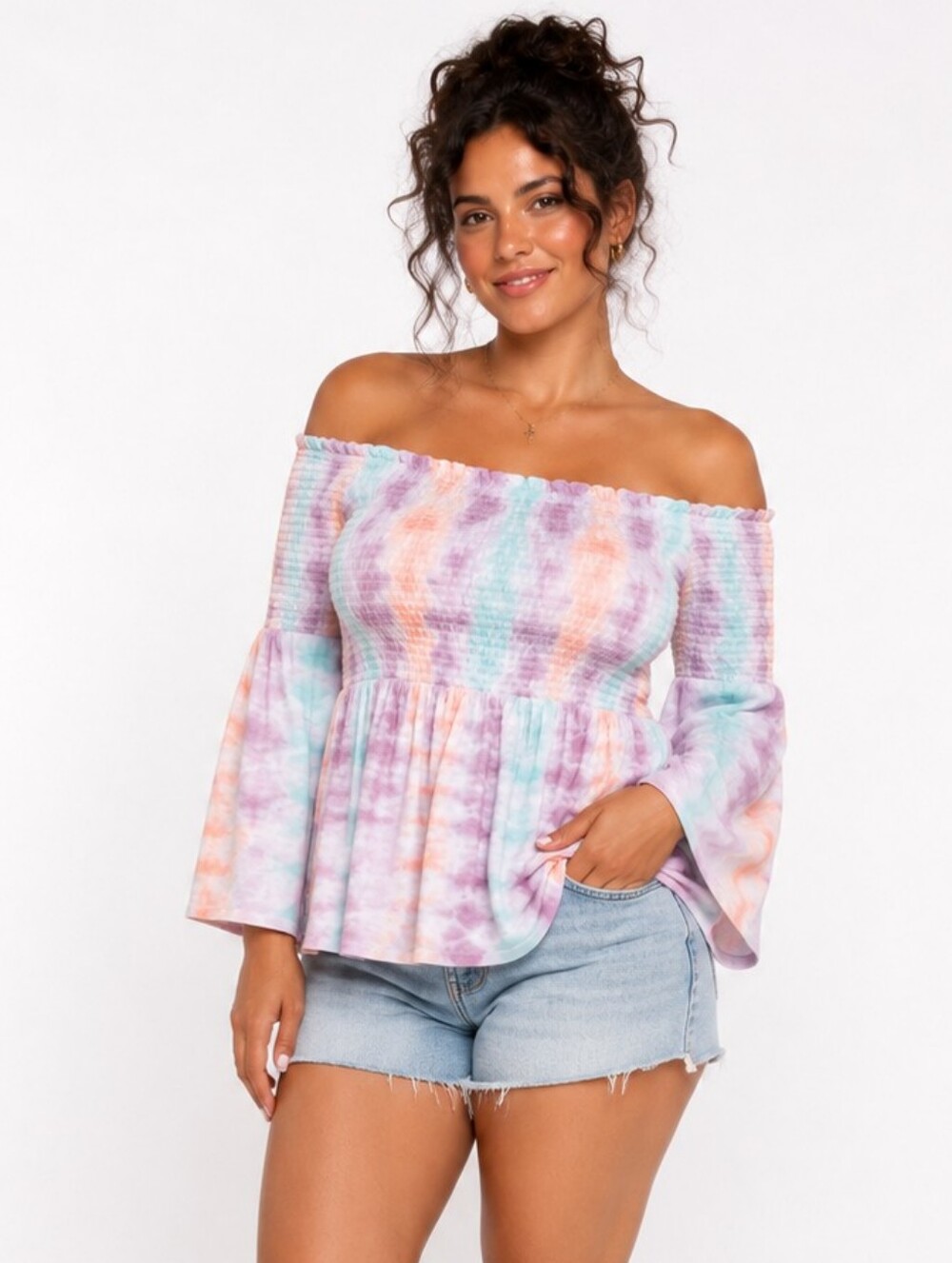 Torrid Pastel Tie Dye Off Shoulder Smocked Bell Sleeve Top NWT 0 US Sz L